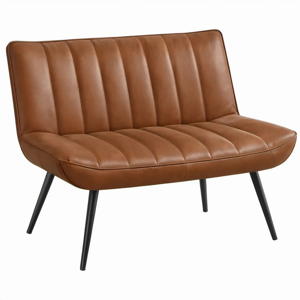 Cognacbruine 2-zitsbank van PU-kunstleer met zwarte stalen poten, 122 x 74 x 82 cm