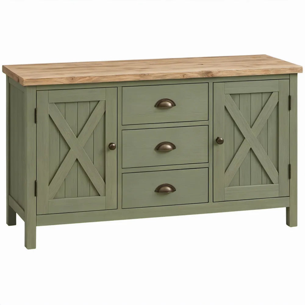 Landelijk dressoir met 2 deuren en 3 laden, 120 x 40 x 85 cm, olijfgroen/naturel