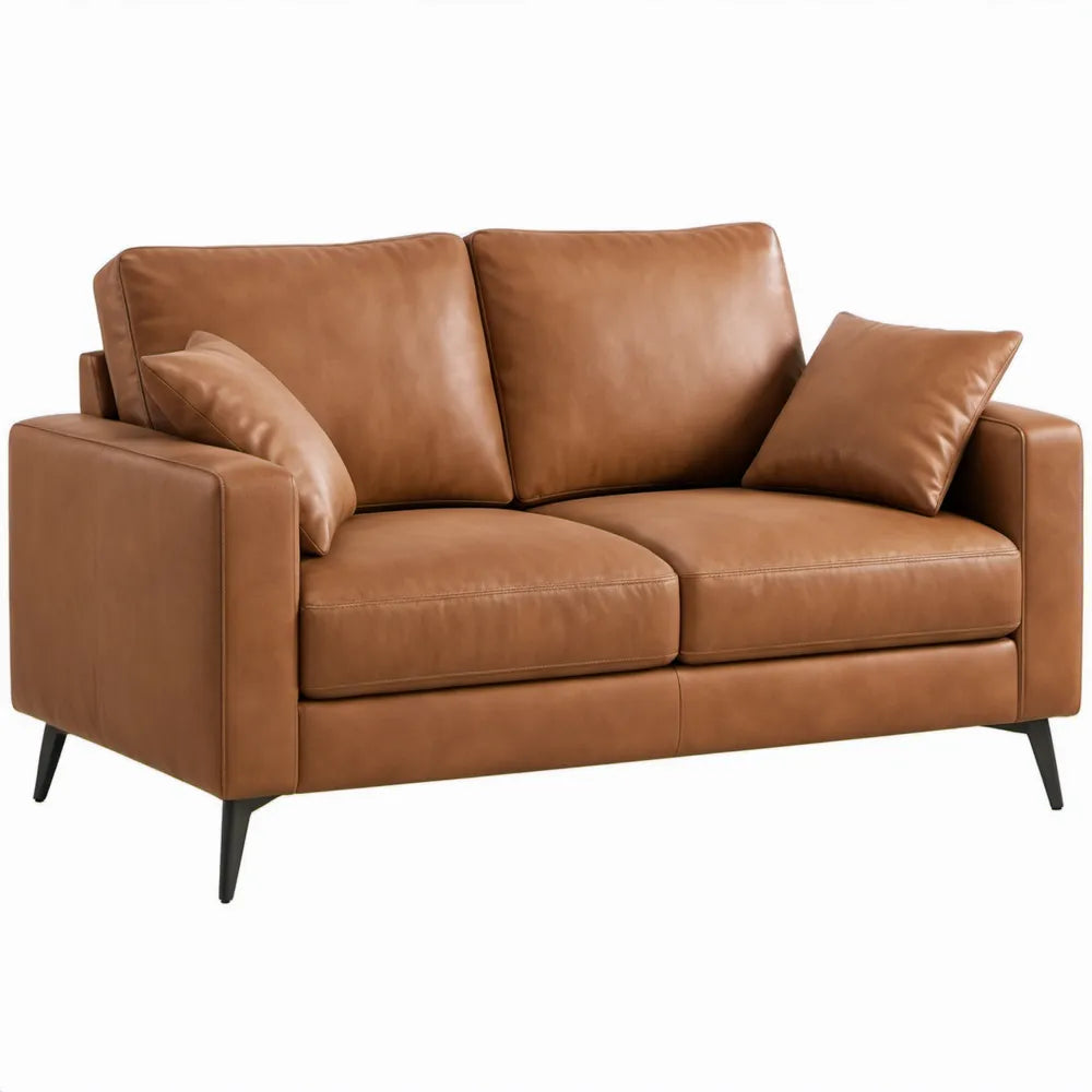 Cognacbruine 2-zitsbank van PU-leer met zwarte stalen poten, 160 x 90 x 85 cm