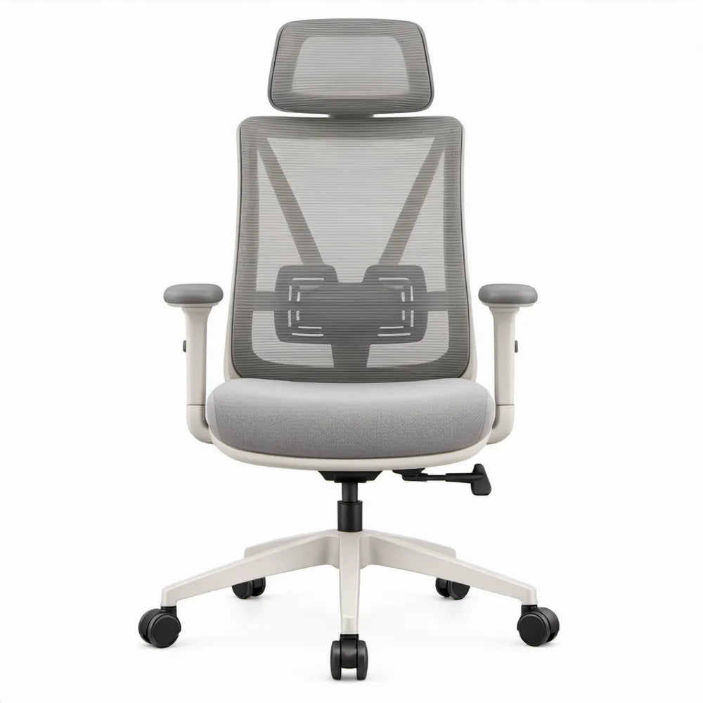 Ergonomische bureaustoel met hoofdsteun en lendensteun, Grijs/Wit/Zwart, 65 x 65 x 118-128 cm