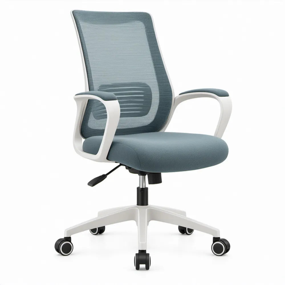 Ergonomische bureaustoel met wielen, armleuningen en verstelbare hoogte, 63 x 63 x 112-122 cm, blauwgrijs/wit