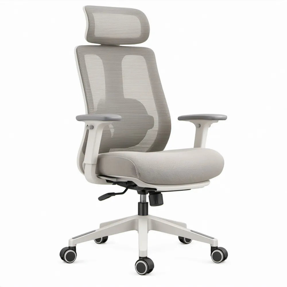 Ergonomische bureaustoel met hoofdsteun en armleuningen, grijs/wit/zwart, 66 x 66 x 118-128 cm