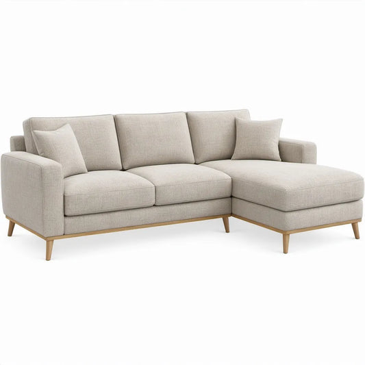 Beige stoffen hoekbank met rechter chaise longue, 250 x 160 x 85 cm