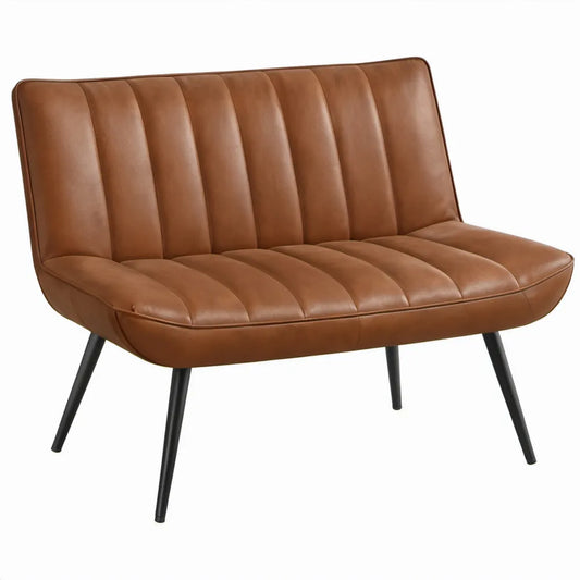 Cognacbruine 2-zitsbank van PU-kunstleer met zwarte stalen poten, 122 x 74 x 82 cm