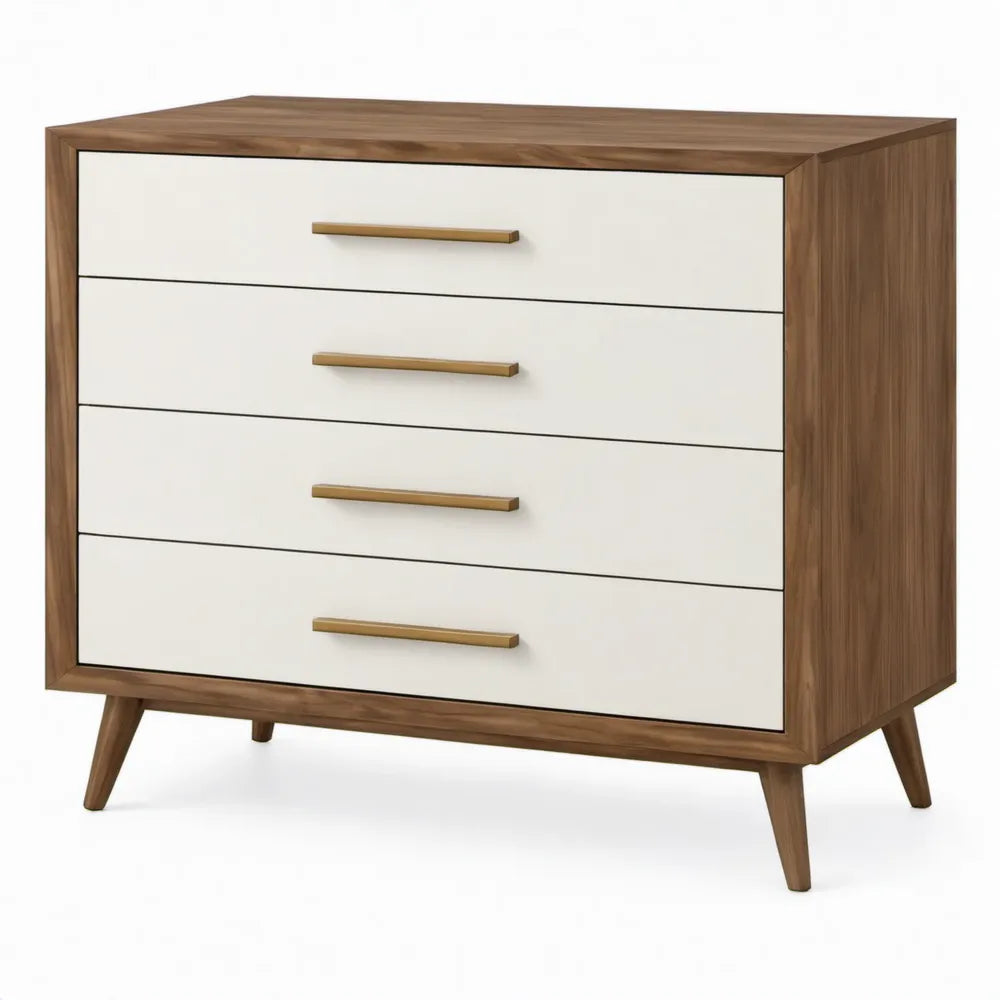 Ladekast met 4 laden 100 x 45 x 90 cm in Wit, Notenbruin en Goudkleurig