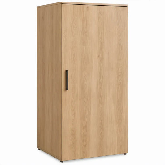 Hoge opbergkast met 1 draaideur, 80 x 52 x 180 cm, licht eikenkleurig met zwarte greep