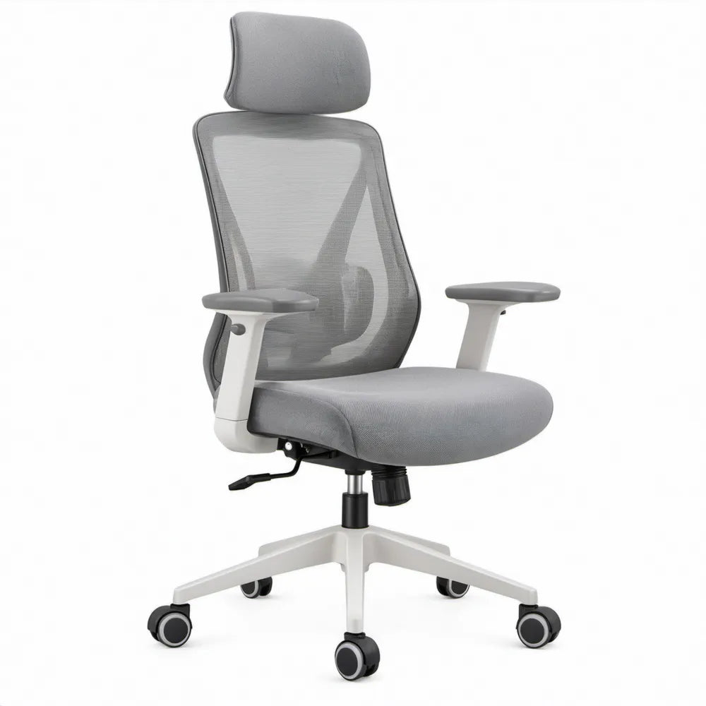 Ergonomische grijze bureaustoel met hoofdsteun, mesh rugleuning en armleuningen, 66 x 66 x 116-126 cm