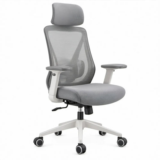 Ergonomische grijze bureaustoel met hoofdsteun, mesh rugleuning en armleuningen, 66 x 66 x 116-126 cm