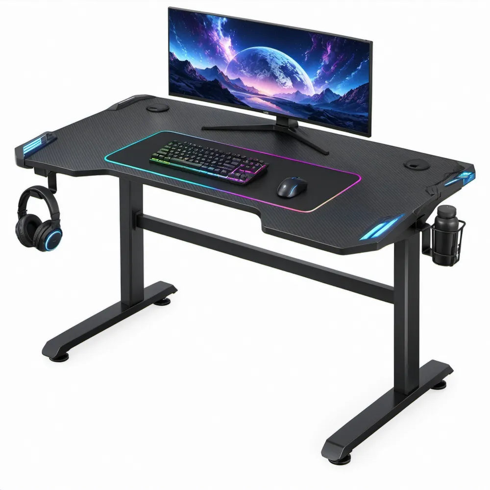 Ergonomisch gamingbureau 140 x 60 x 75 cm met LED-verlichting, kabeldoorvoeren, hoofdtelefoonhaak en bekerhouder – Zwart/Blauw