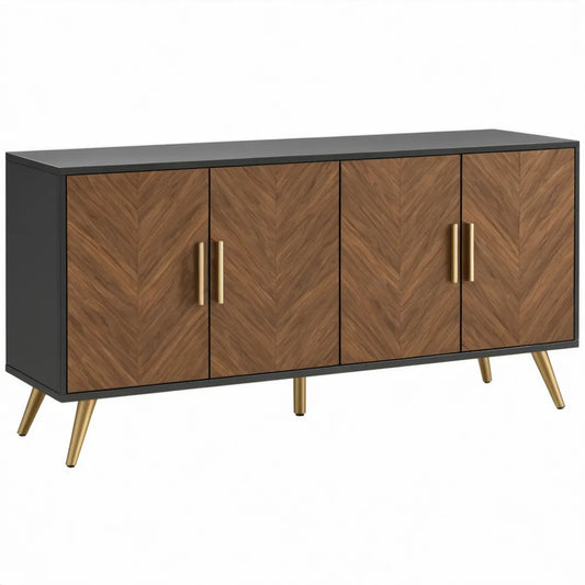 Dressoir met 4 deuren – 160 x 40 x 80 cm – Zwart/Notenbruin/Goudkleurig