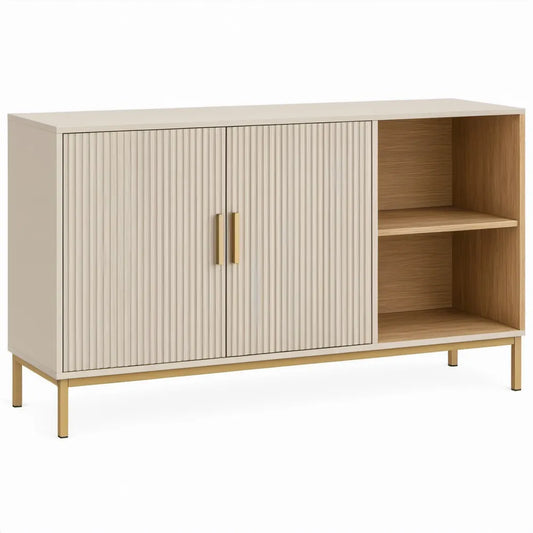Dressoirkast met 2 geribbelde deuren en 2 open vakken, 120 x 40 x 80 cm, gebroken wit/eikenkleurig/goudkleurig