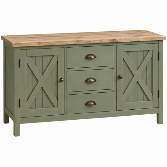 Landelijk dressoir met 2 deuren en 3 laden, 120 x 40 x 85 cm, olijfgroen/naturel