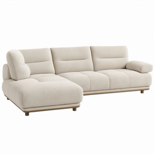 Crèmekleurige hoekbank met chaise longue links, bouclé polyester, 300 x 170 x 85 cm