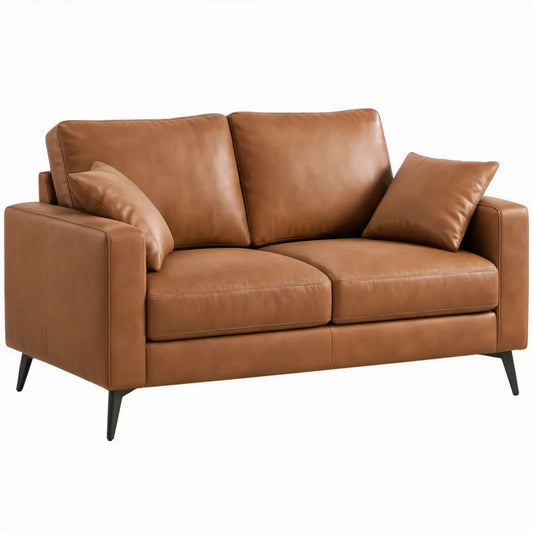 Cognacbruine 2-zitsbank van PU-leer met zwarte stalen poten, 160 x 90 x 85 cm