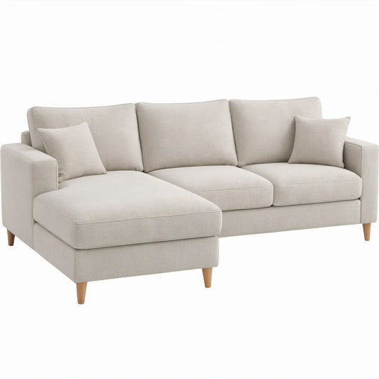 Crèmekleurige hoekbank met chaise longue links, 230 x 150 x 85 cm, polyester en houten poten