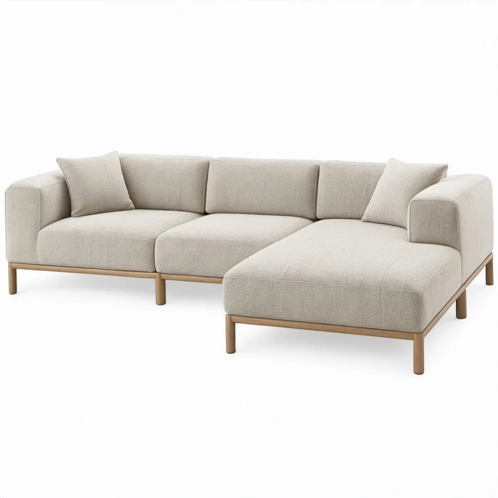 Beige hoekbank met rechter chaise longue, 280 x 170 x 85 cm, polyester en rubberhout