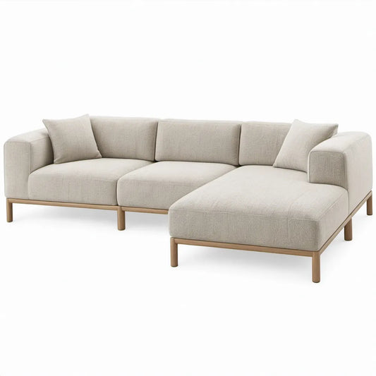 Beige hoekbank met rechter chaise longue, 280 x 170 x 85 cm, polyester en rubberhout