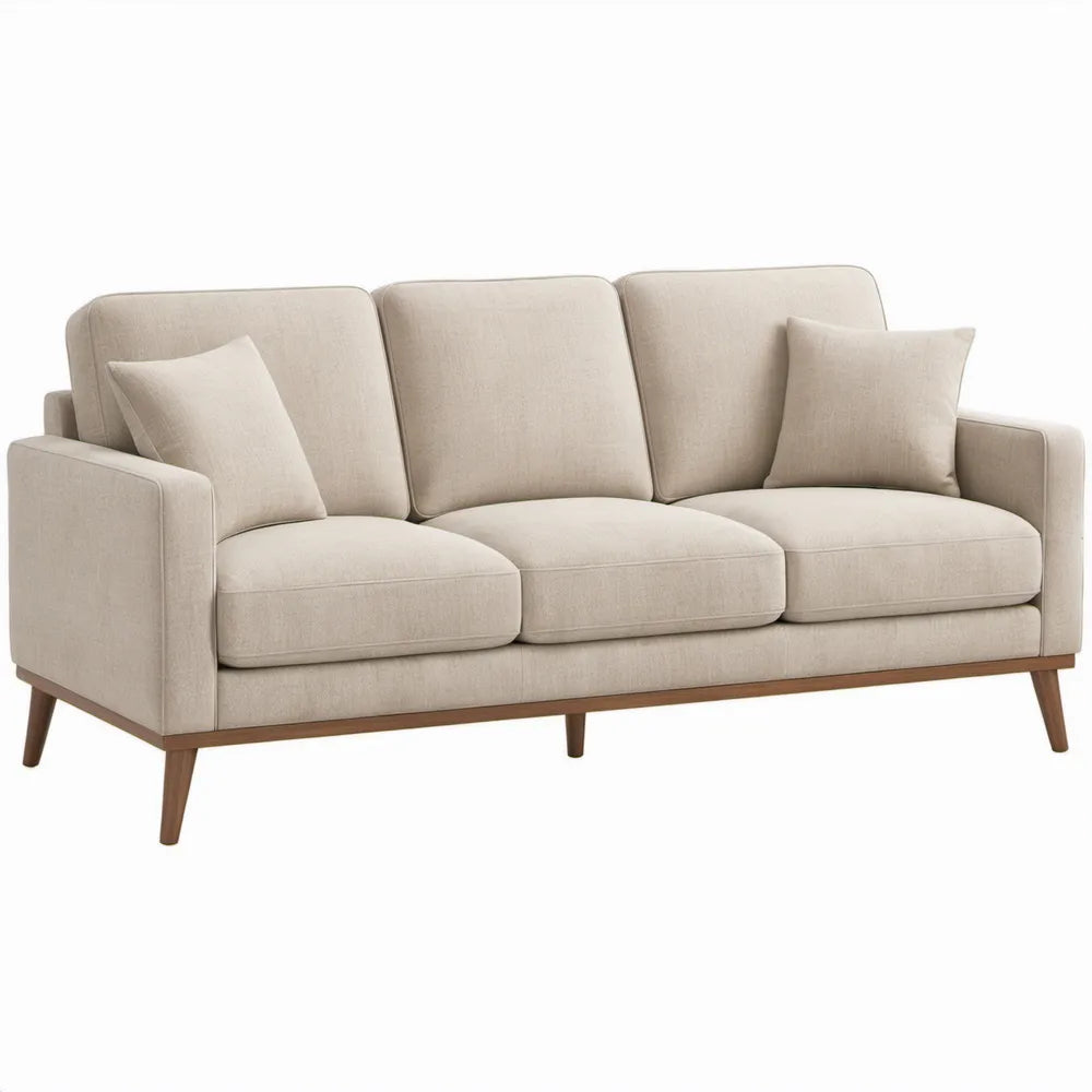 Beige 3-zitsbank met bruine massief houten poten, 210 x 90 x 85 cm