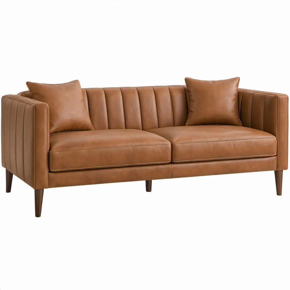 Cognackleurige 2-zitsbank van PU-kunstleer met donkerbruine rubberhouten poten, 180 x 86 x 83 cm