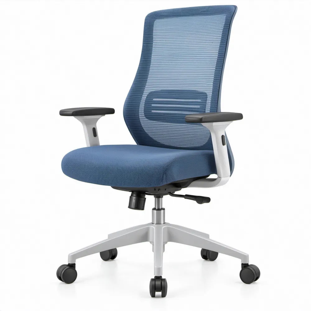 Ergonomische bureaustoel met hoge rugleuning, lendensteun en armleggers, 63 x 63 x 114-124 cm, blauw/grijs/zwart