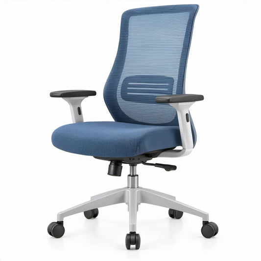 Ergonomische bureaustoel met hoge rugleuning, lendensteun en armleggers, 63 x 63 x 114-124 cm, blauw/grijs/zwart