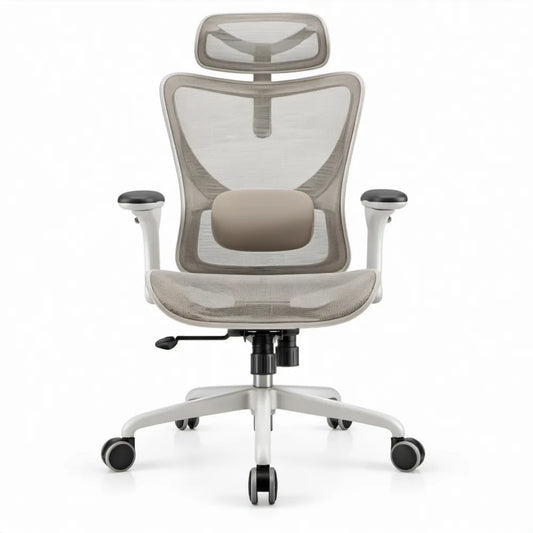 Ergonomische bureaustoel met hoofdsteun en lendensteun, grijs/wit/zwart, 65 x 65 x 120-130 cm