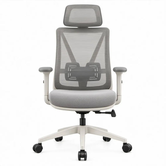 Ergonomische bureaustoel met hoofdsteun en lendensteun, Grijs/Wit/Zwart, 65 x 65 x 118-128 cm