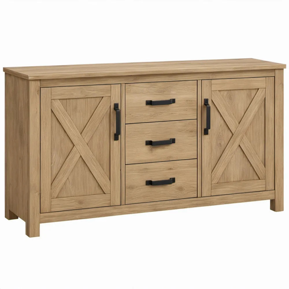 Dressoir met 2 deuren en 3 laden, 140 x 40 x 85 cm, naturel eiken met zwart