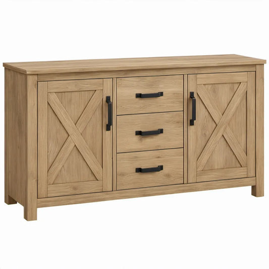 Dressoir met 2 deuren en 3 laden, 140 x 40 x 85 cm, naturel eiken met zwart