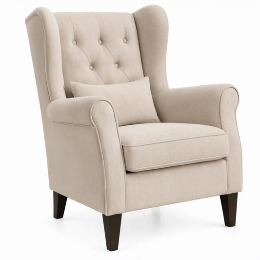 Beige oorfauteuil met donkerbruine houten poten, 80 x 85 x 105 cm