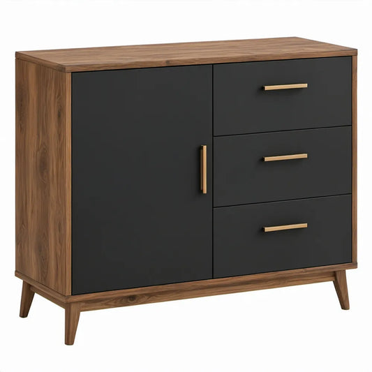 Dressoir 100 x 40 x 85 cm met 3 lades en 1 deur in zwart, walnootbruin en goudkleurig