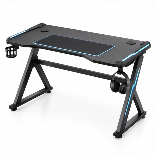 Gamingbureau met blauwe ledverlichting, beker- en koptelefoonhouder, 140 x 60 x 75 cm - Zwart/Blauw