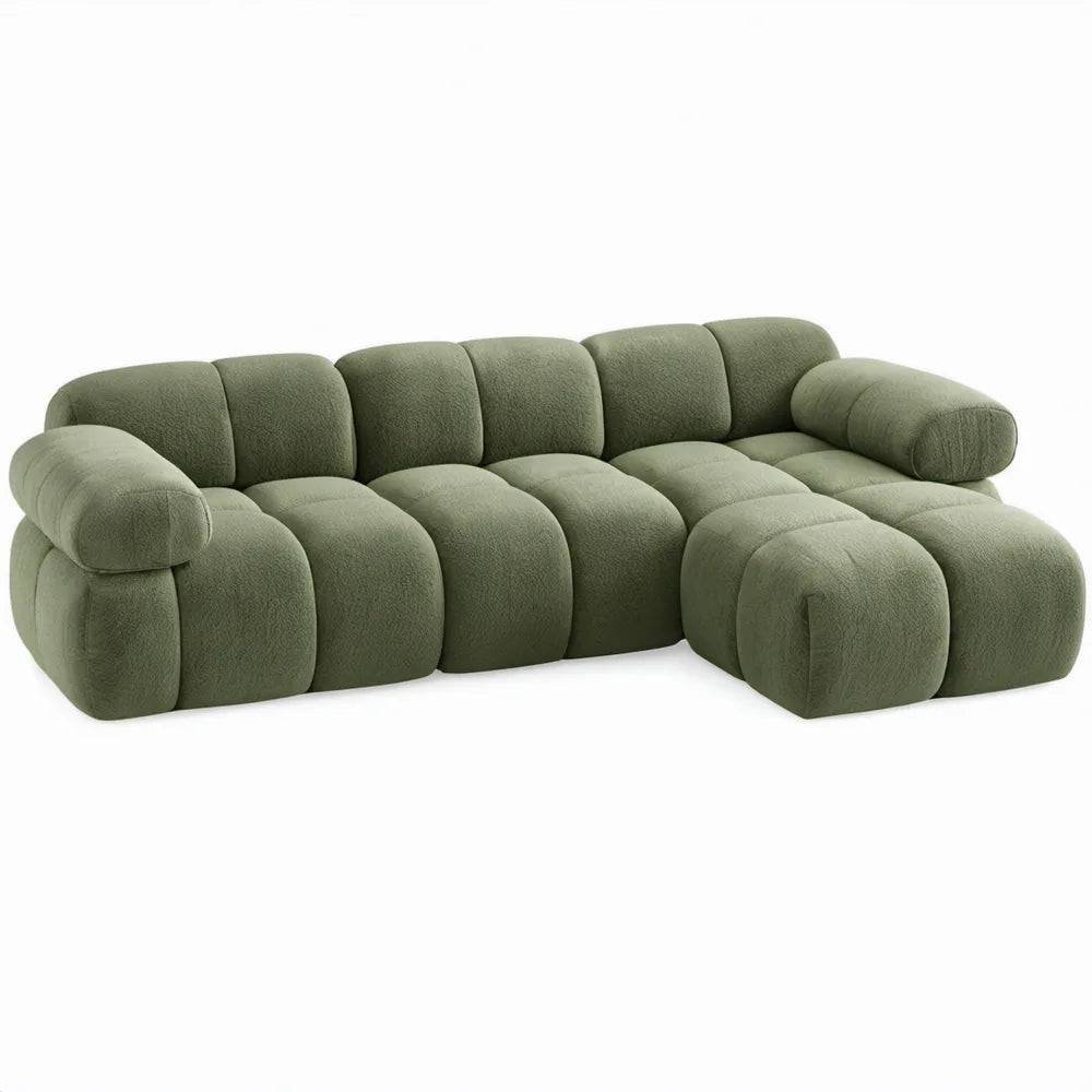Olijfgroene L-vormige hoekbank met rechter chaise longue, 4 zitplaatsen, 300 x 165 x 78 cm, polyester bouclé