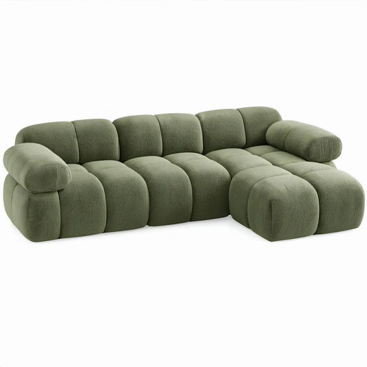 Olijfgroene L-vormige hoekbank met rechter chaise longue, 4 zitplaatsen, 300 x 165 x 78 cm, polyester bouclé