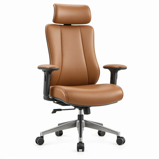 Ergonomische bureaustoel van cognackleurig PU-kunstleer met hoofdsteun, 68 x 68 x 116-126 cm