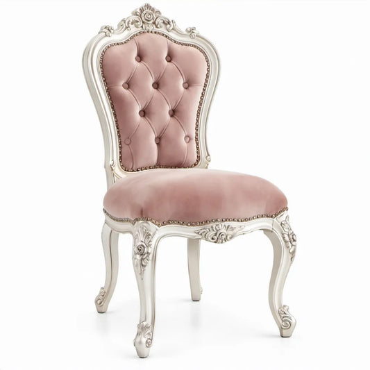 Gestoffeerde stoel met hoge rugleuning in roze fluweel en wit beukenhout, 52 x 57 x 105 cm