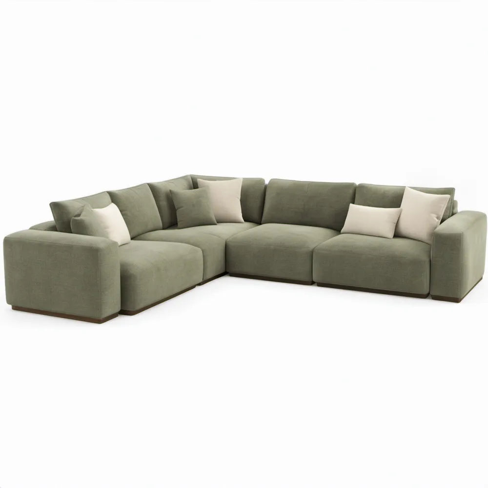 5-zits L-vormige hoekbank in olijfgroen polyester met beige sierkussens, 360 x 260 x 85 cm