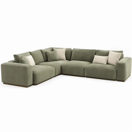 5-zits L-vormige hoekbank in olijfgroen polyester met beige sierkussens, 360 x 260 x 85 cm